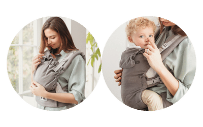 mochila de porteo ergonomica con dos posiciones de tirante para adaptarse con la maxima ergonomia al bebé y respetar la curvatura de la columna vertebral